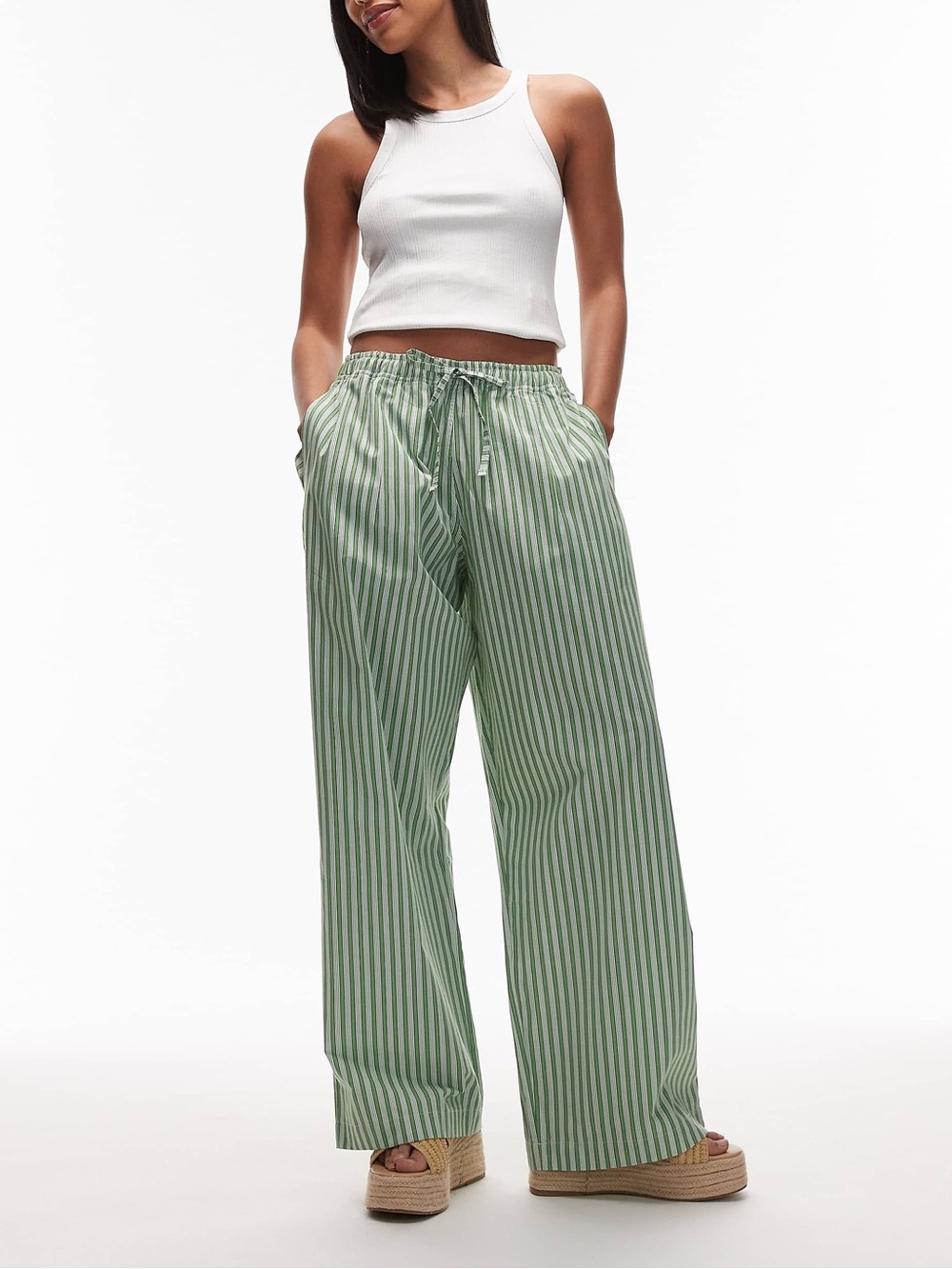 Topshop poplin pull on wide leg pants in green stripe